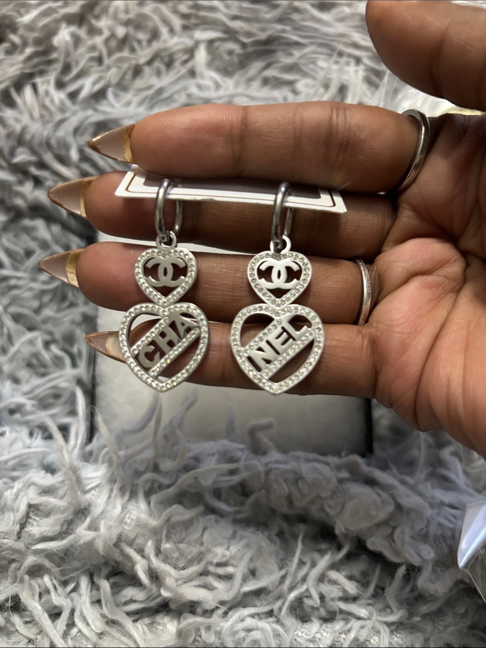 Silver CC Heart Drop Logo Earrings with Crystal Accents
